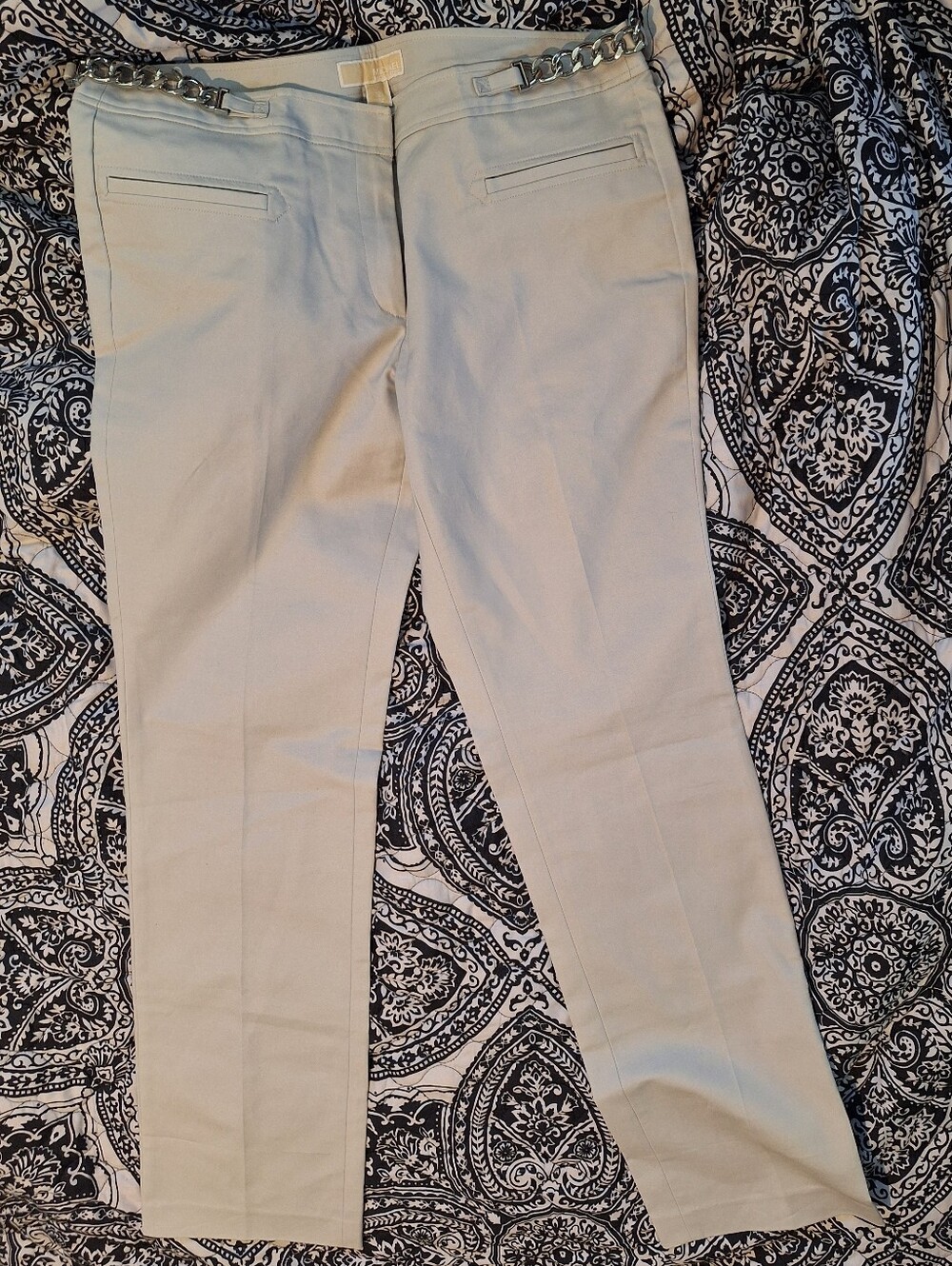 Michael Kors Cream Straight-Leg Jeans with Silver Chain Detail
